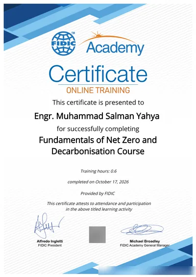 FIDIC Academy certificate: Fundamentals of Net Zero and Decarbonisation Course