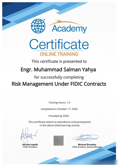 FIDIC Academy certificate: Risk Management Under FIDIC Contracts